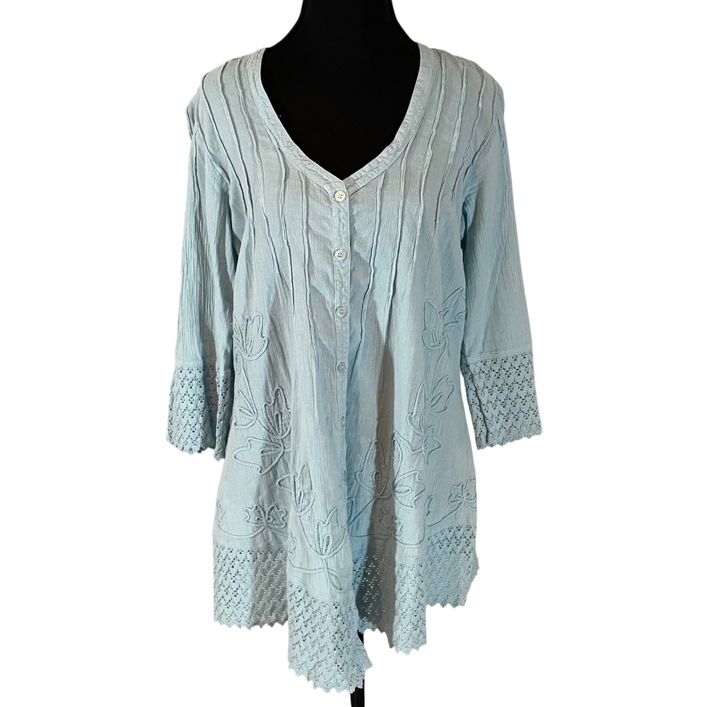 Soft Surroundings Light Blue Cotton Gauze Embroidered Crochet Lace Tunic Top‎ PS